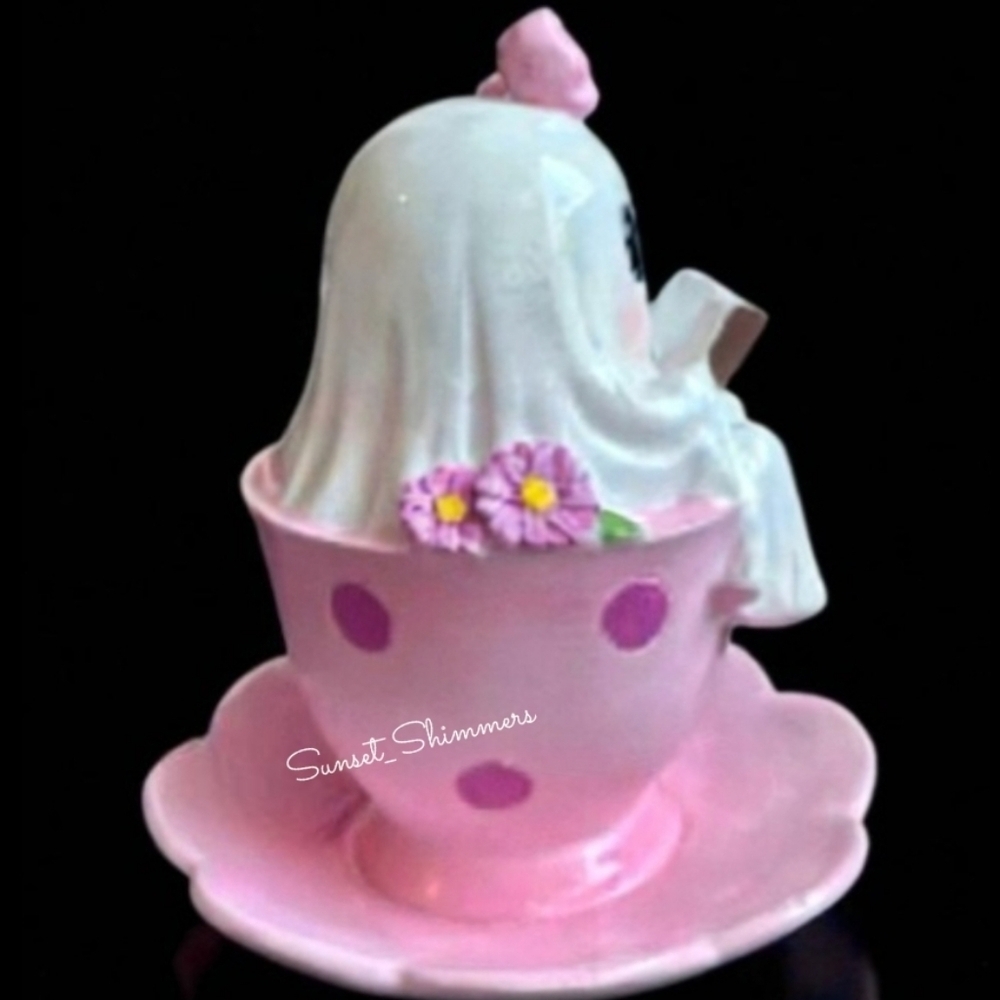 Halloween Ghost Girl In Teacup Reading Book Pink Coquette Bow Polka Dot Flowers - Picture 4 of 6